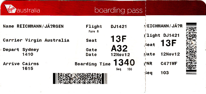 Bordkarte Flug Sydney - Cairns (Virgin Australia)