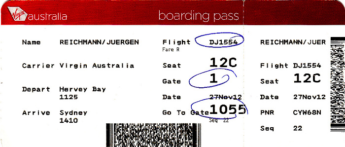Bordkarte Flug Hervey Bay - Sydney (Virgin Australia)