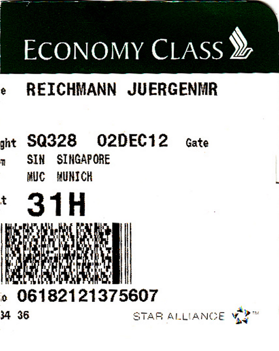 Bordkarte Flug Singapur - München (Singapore Airlines) 2./3.12.