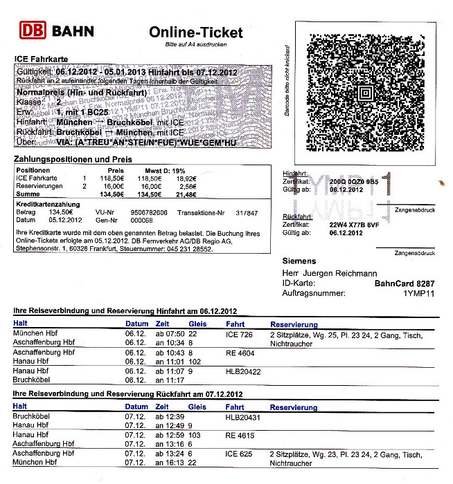 Bahnfahrkarte München - Aschaffenburg - Hanau (- Bruchköbel) 6.12. / Bruchköbel - Aschaffenburg - Hanau - München 7.12.
