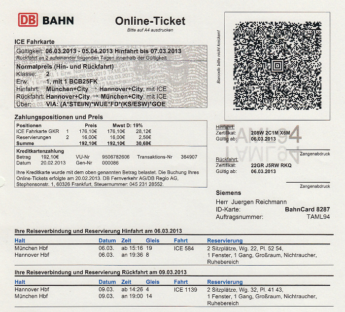 Bahnfahrkarte München - Hannover 6.3. / Hannover - München 9.3.