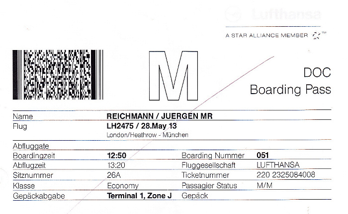 Bordkarte Flug London-Heathrow - München (Lufthansa)