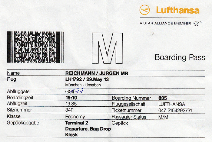 Bordkarte Flug München - Lissabon (Lufthansa)