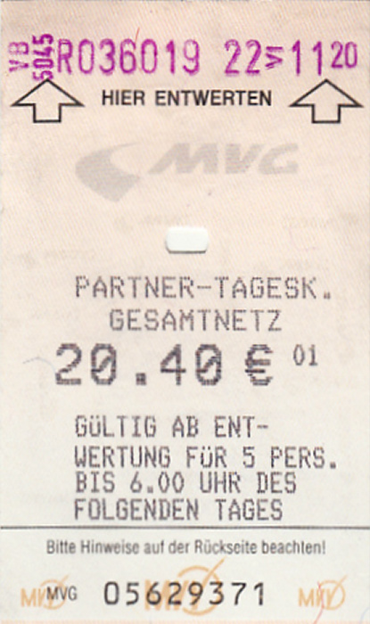 MVV-Partner-Tageskarte Gesamtnetz (München - Dachau / Röhrmoos - München)