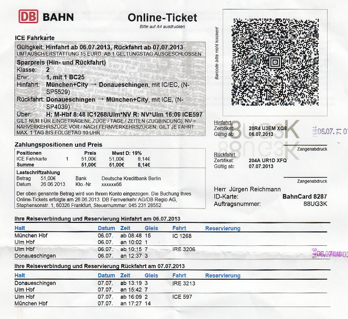Bahnfahrkarte München - Ulm - Donaueschingen 6.7. / Donaueschingen - Ulm - München 7.7