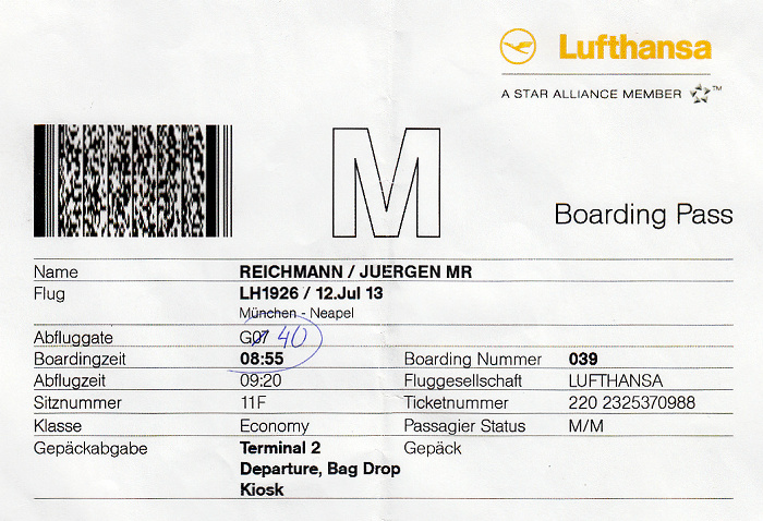 Bordkarte Flug München - Neapel (Lufthansa)
