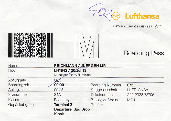Bordkarte Flug München - Rom-Fiumicino (Lufthansa)