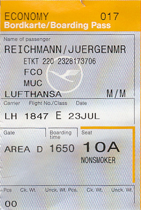 Bordkarte Flug Rom-Fiumicino - München (Lufthansa)
