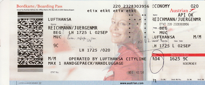 Bordkarte Flug Belgrad - München (Lufthansa)
