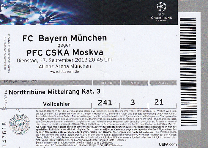 Allianz Arena: Champions League-Spiel FC Bayern München - ZSKA Moskau