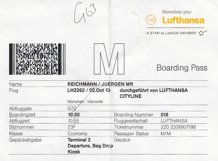 Bordkarte Flug München - Marseille (Lufthansa)