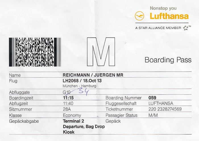 Bordkarte Flug München - Hamburg (Lufthansa)