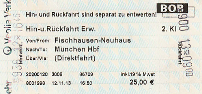 Neuhaus (Schliersee) Zug Fischhausen-Neuhaus - München 12.11. / München - Fischhausen-Neuhaus 13.11.