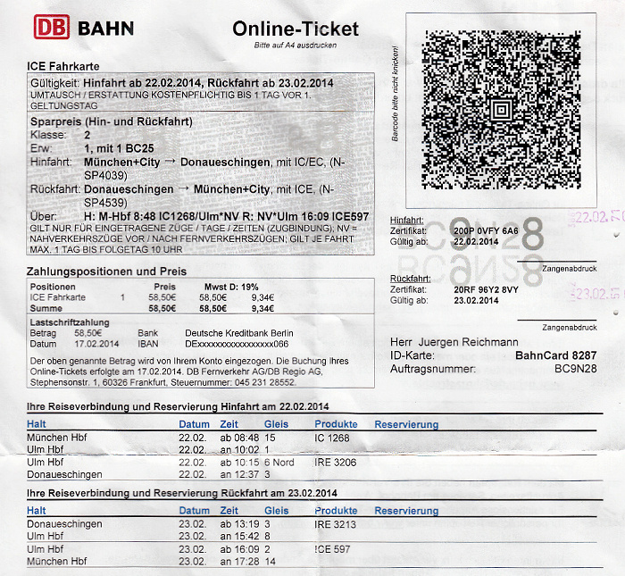 Bahnfahrkarte München - Geisingen 22.2. / Donaueschingen - München 23.2.