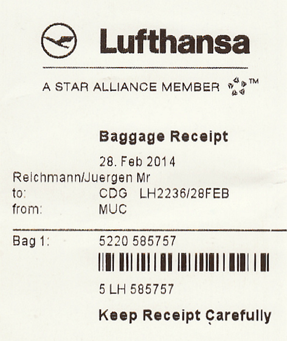 Gepäckschein Flug München - Paris-CDG (Lufthansa)
