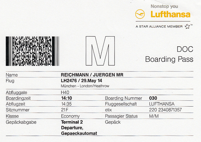 Bordkarte Flug München - London-Heathrow (Lufthansa)
