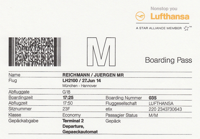Bordkarte Flug München - Hannover (Lufthansa)