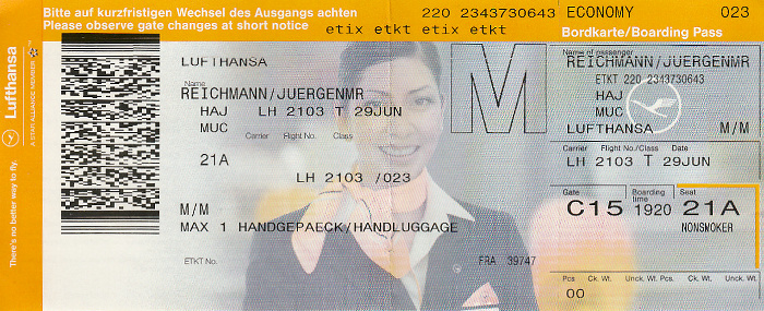 Bordkarte Flug Hannover - München (Lufthansa)