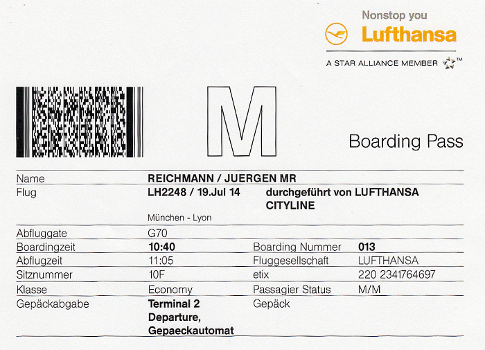 Bordkarte Flug München - Lyon (Lufthansa)