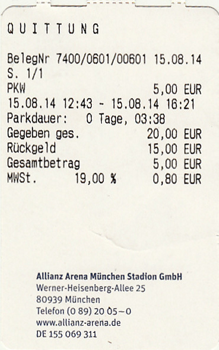 München Allianz Arena: Parkscheinquittung