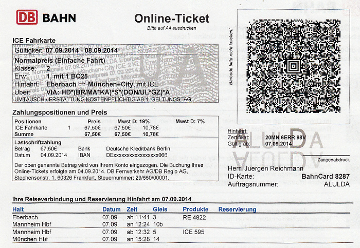 Bahnfahrkarte Eberbach - Heidelberg - München