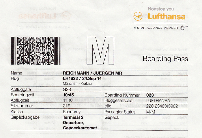 Bordkarte Flug München - Krakau (Lufthansa)