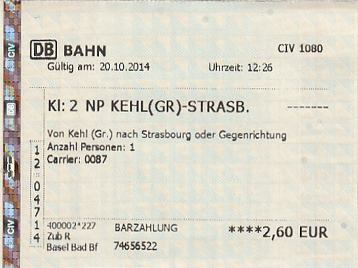 Bahnfahrkarte Kehl - Straßburg