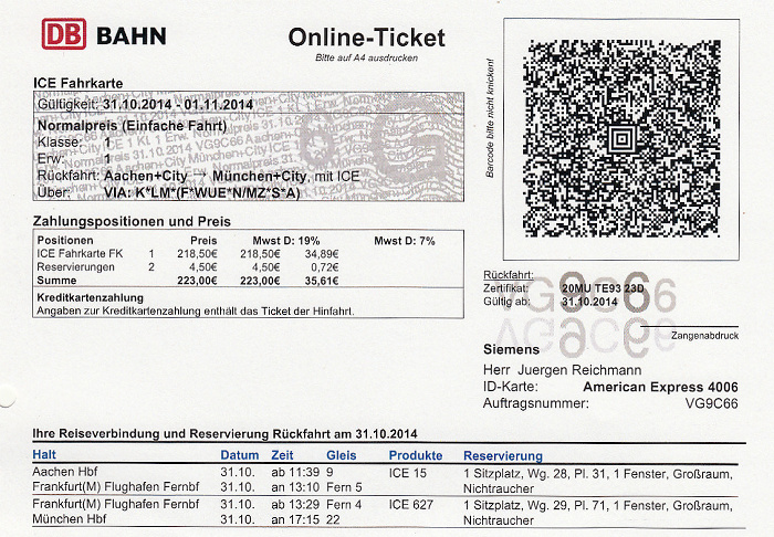 Bahnfahrkarte Aachen - Köln - München