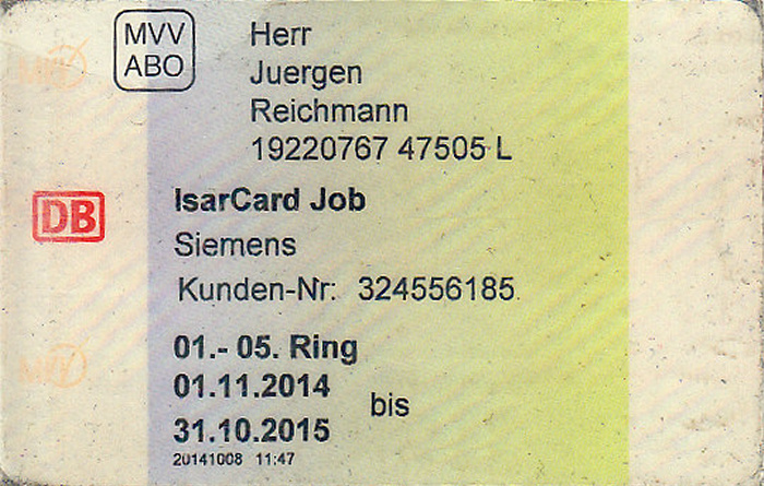 München MVV-IsarCard Job 1.11.2014 - 31.10.2015