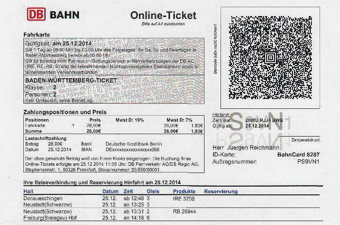 Baden-Württemberg-Ticket: Donaueschingen - Neustadt - Freiburg / Freiburg - Neustadt - Donaueschingen