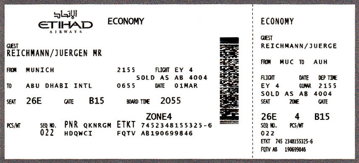 Bordkarte Flug München - Abu Dhabi (Etihad Airways) 1./2.3.