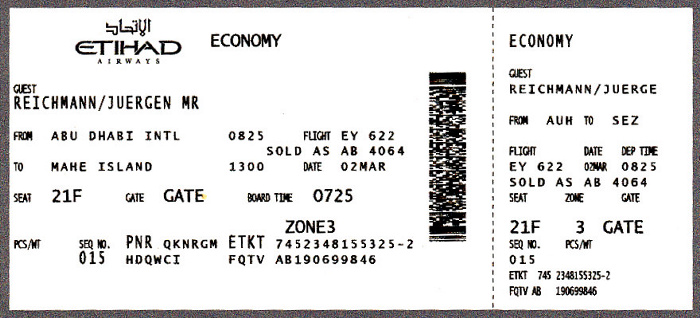 Bordkarte Flug Abu Dhabi - Mahé (Seychellen) (Etihad Airways)