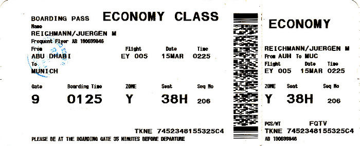 Bordkarte Flug Abu Dhabi - München (Etihad Airways)