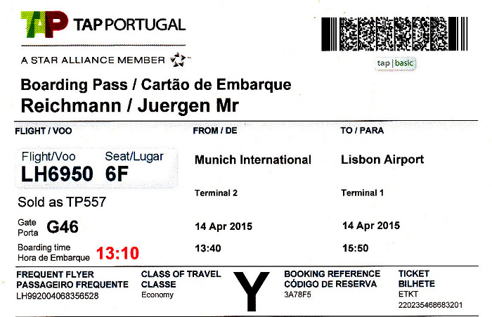 Bordkarte Flug München - Lissabon (TAP)