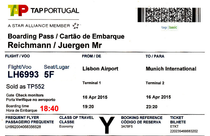 Porto Bordkarte Flug Lissabon - München (TAP)