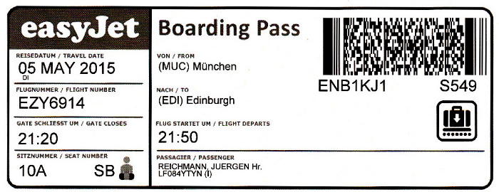 Bordkarte Flug München - Edinburgh (easyJet)