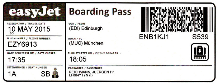 Bordkarte Flug Edinburgh - München (easyJet)