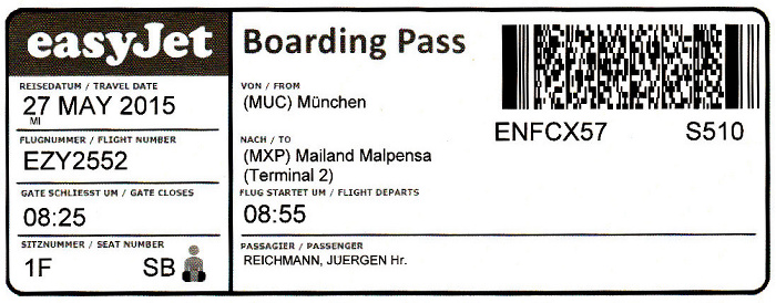 Bordkarte Flug München - Mailand-Malpensa (easyJet)