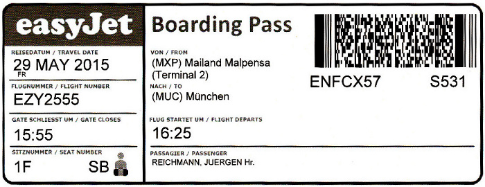 Bordkarte Flug Mailand-Malpensa - München (easyJet)