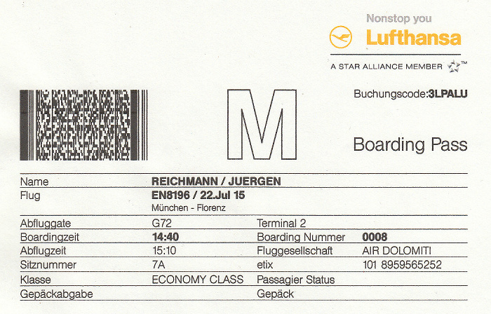 Bordkarte Flug München - Florenz (Air Dolomiti)