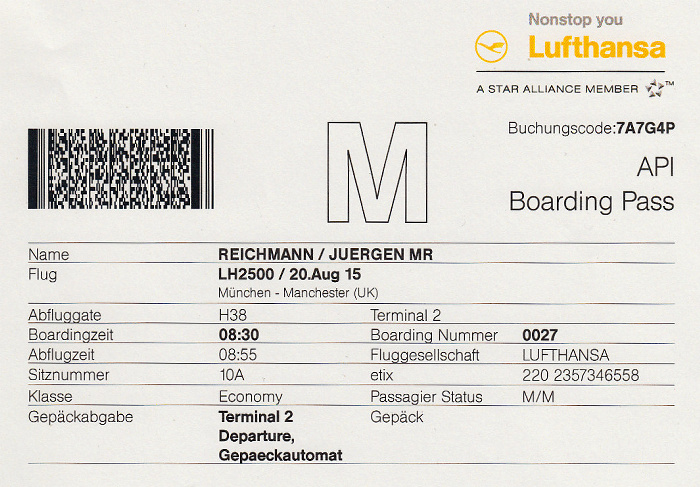 Bordkarte Flug München - Manchester (Lufthansa)
