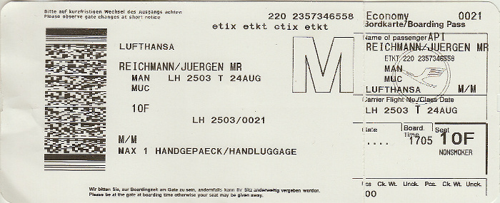 Bordkarte Flug Manchester - München (Lufthansa)