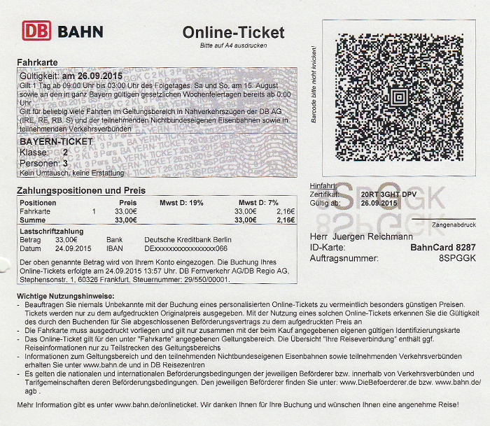 Bayern-Ticket München - Murnau - Grafenaschau / Murnau -Tutzing - Stockdorf - München