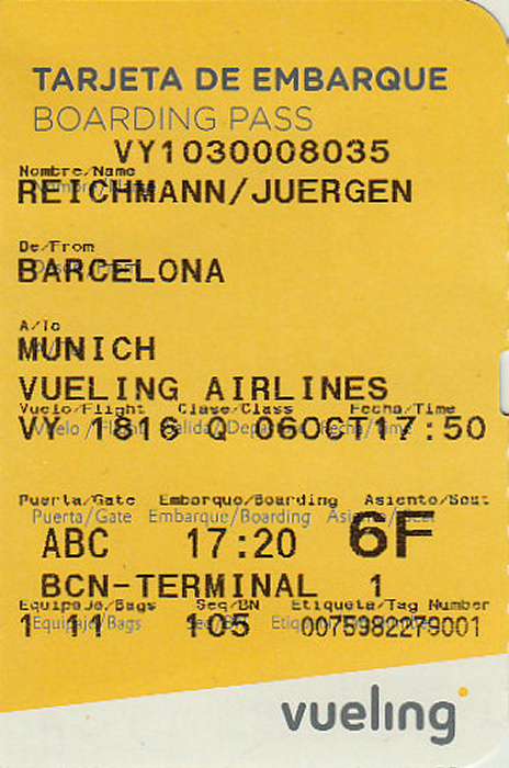 Bordkarte Flug Barcelona - München (vueling)