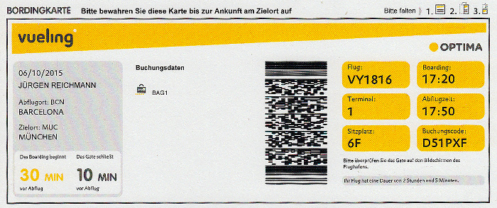 Bordkarte Flug Barcelona - München (vueling)