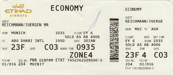 Bordkarte Flug München - Abu Dhabi (Etihad Airways)