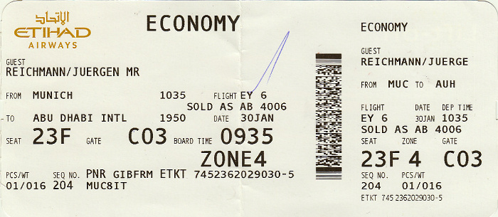 Bordkarte Flug München - Abu Dhabi (Etihad Airways)