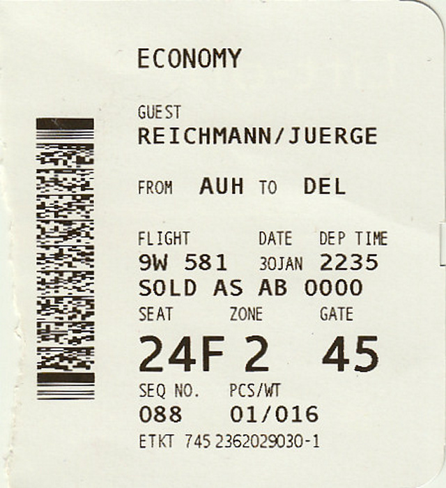 Bordkarte Flug Abu Dhabi - Delhi 30./31.1. (Jet Airways)