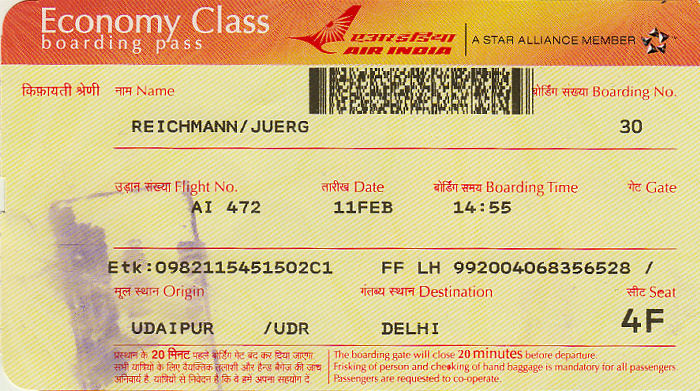 Bordkarte Flug Udaipur - Delhi (Air India)