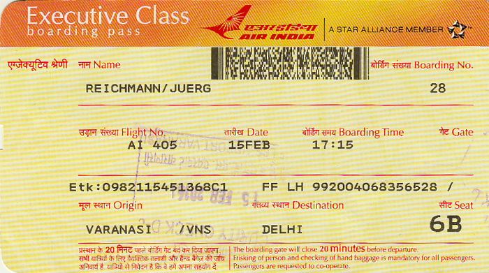 Bordkarte Flug Varanasi - Delhi (Air India)